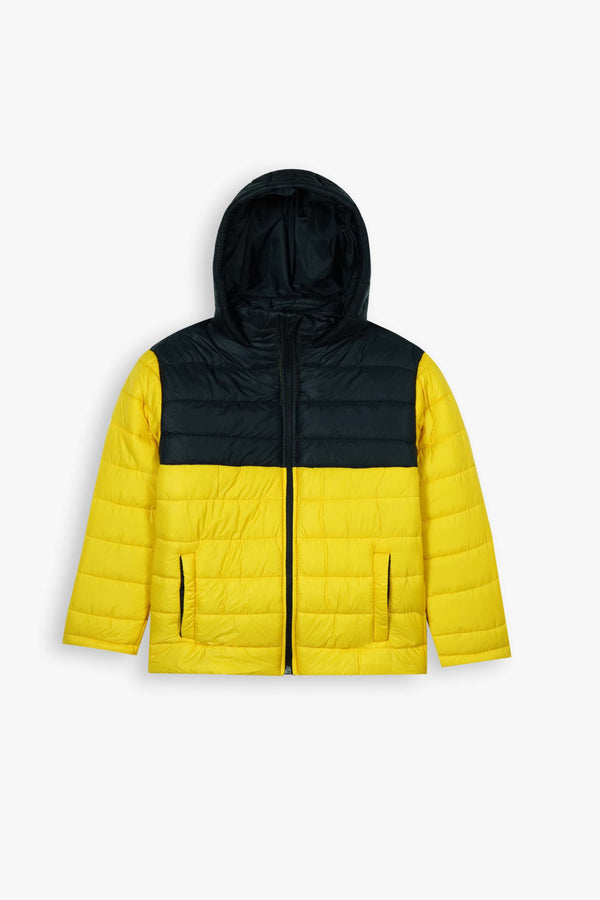 Kids Yellow &amp; Black Puffer Jacket | Color-Block Hooded Winter Coat | Warm &amp; Lightweight Outerwear