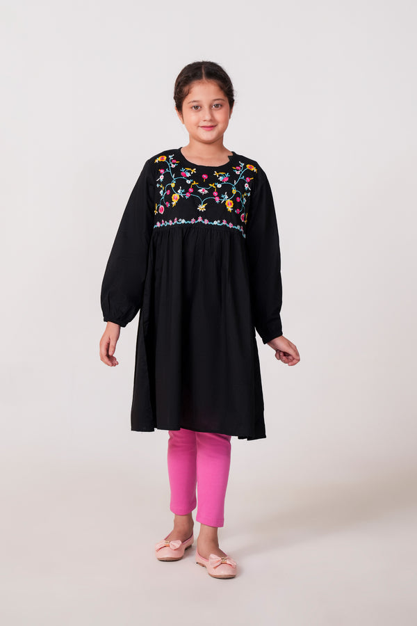 Girls Embroidered 100% Cotton Top - Black