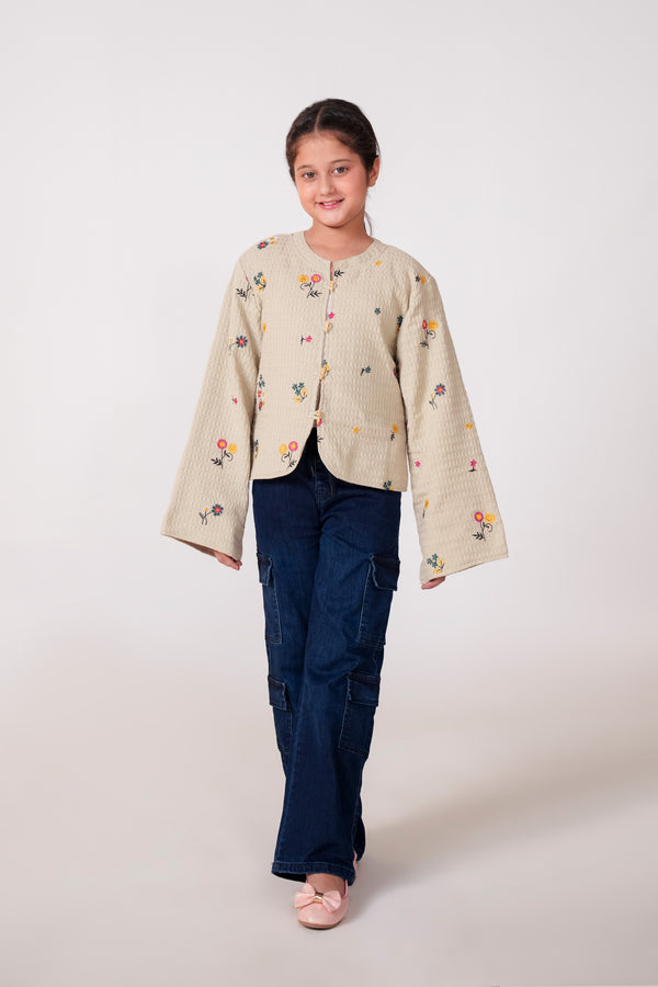Light Grey Jacquard Embroidered Jacket for Girls | Winter Quilted Top