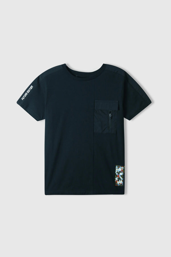 Boys Soft Cotton Flap Pocket Sleeve Panel Black T-Shirt