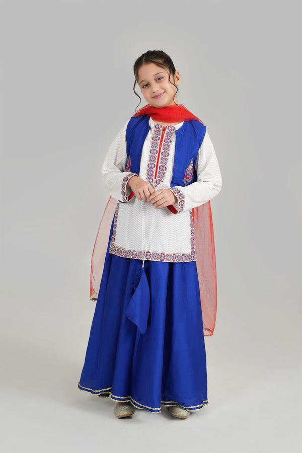 STITCHED 5 PIECE TILLA EMBELLISHED ROYAL BLUE Cotton Lahnga with White Shirt