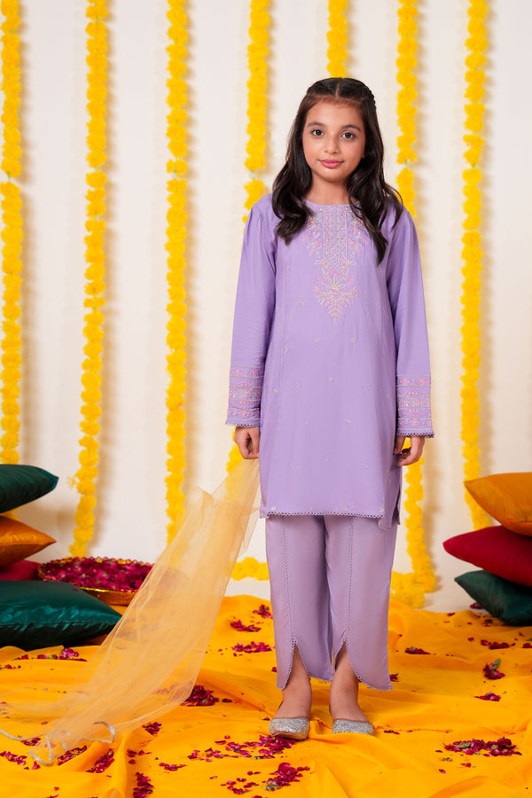 Girls Lavender Cambric Cotton Winter Suit with Gold Tilla Embroidery & Tulip Trouser