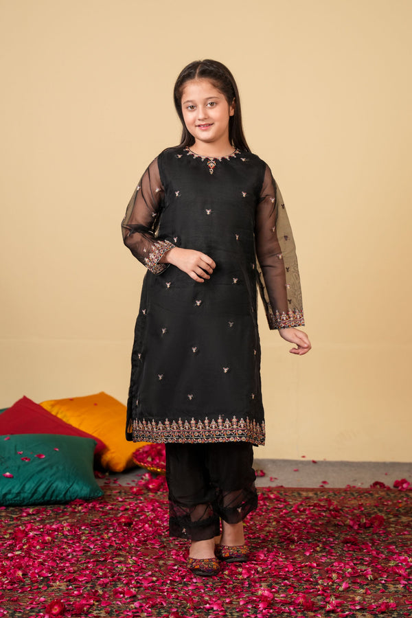 Midnight Charm Organza Suit – Elegant Black Festive Wear for Girls