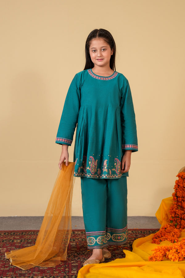 Girls Teal Blue peplum with culottes Embroidered 3-Piece Suit – 100% Cotton Winter Wear