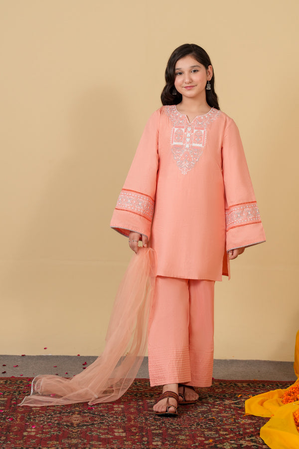 Girls Eastern Wear 3-Piece Suit – Embroidered Self Print Cotton