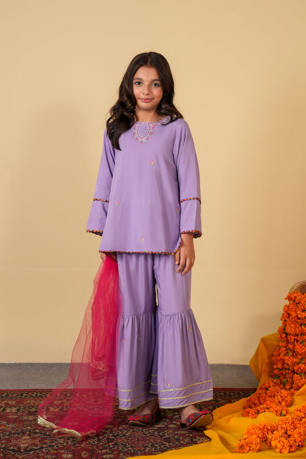 Lavender Gharara Suit with Short Shirt & Net Dupatta | Festive Kidswear