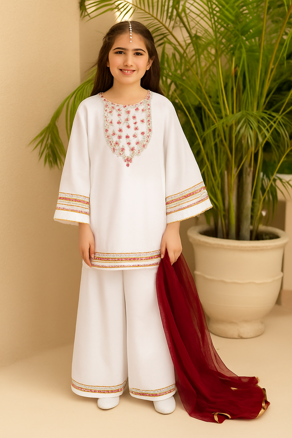 Girls Embroidered Cotton Suit with Net Dupatta – 3 Piece Set