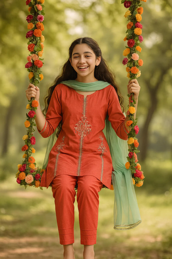 Chandni Cotton 3 Pcs Suit Multihead Embroidery with Net Dopata