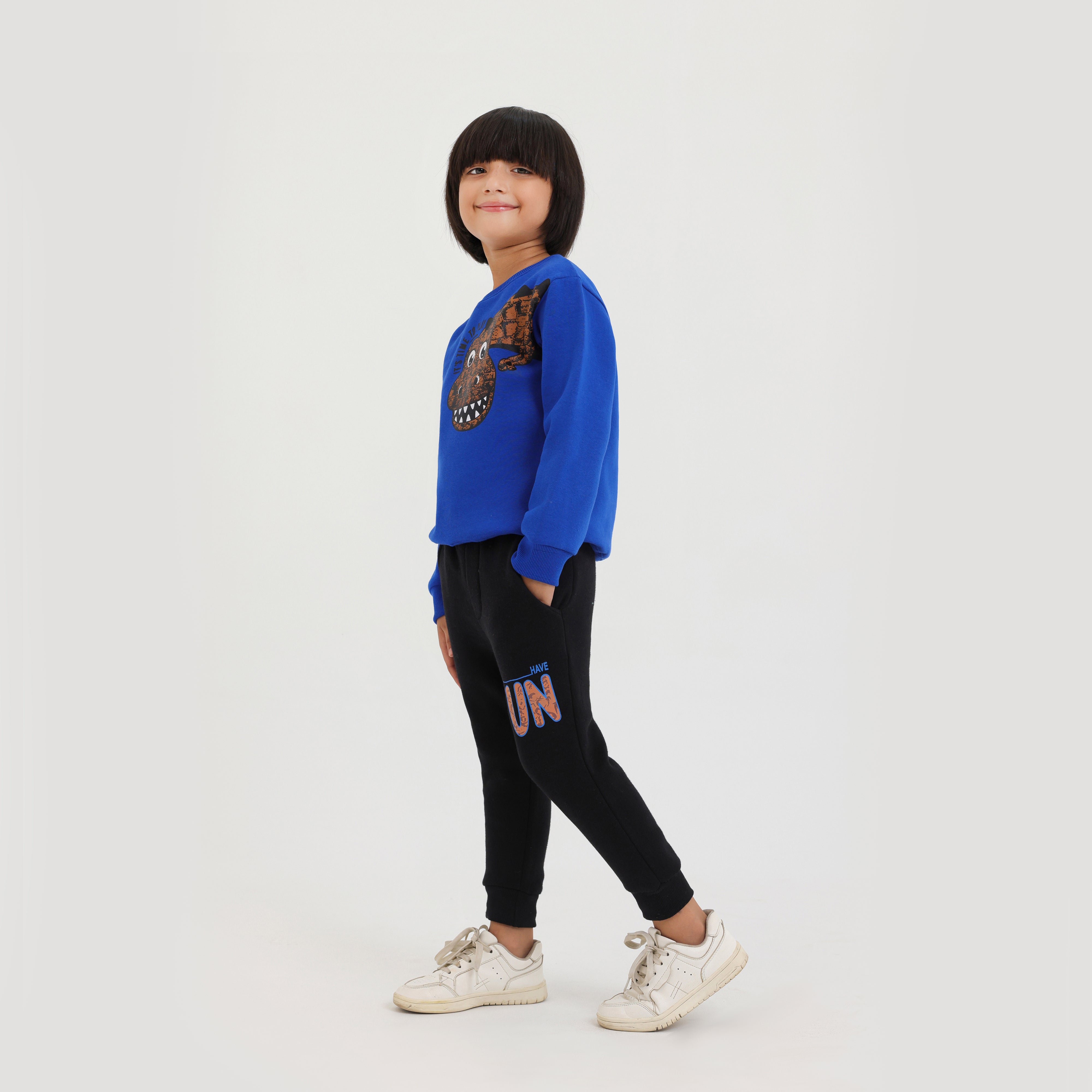 Premium Quality Dino Printed Soft Cotton Fleece Blue Suit For Kids