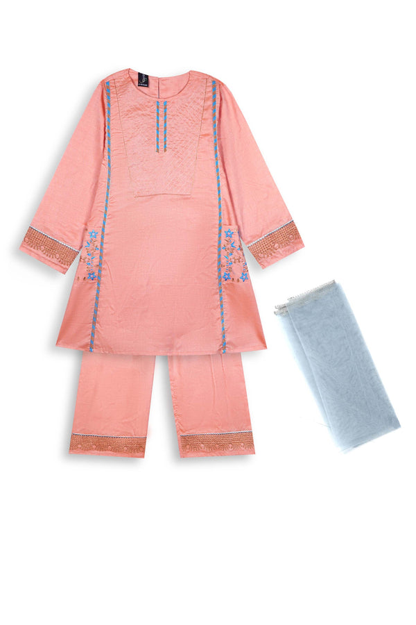 Peach Embroidered 3-Piece Cotton Suit for Girls | With Pockets & Dupatta