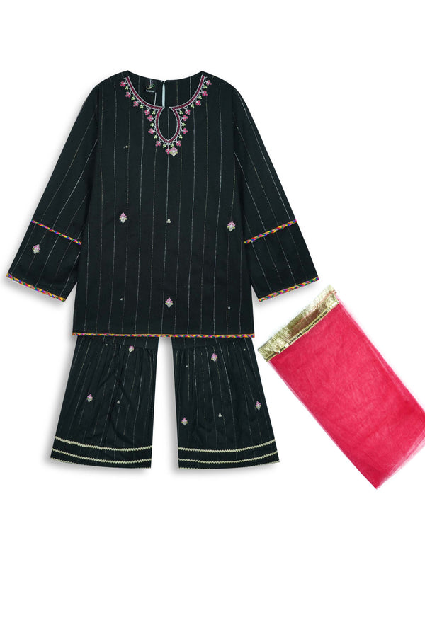 Black Embroidered Cotton Suit with Gharara for Girls | Festive 3-Piece Eastern Wear