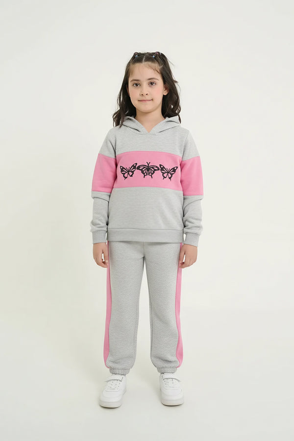 Butterfly Love Girls Winter Tracksuit | 100% Cotton Fleece | Pink Quilted Panels
