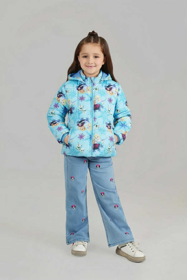 Frozen Kids Puffer Jacket | Winter Hooded Coat with Elsa, Anna & Olaf Print