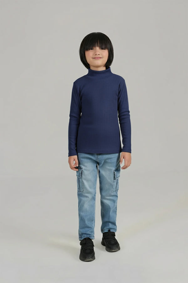 Kids Ribbed High Neck Winter Top Navy – Soft, Warm & Stylish