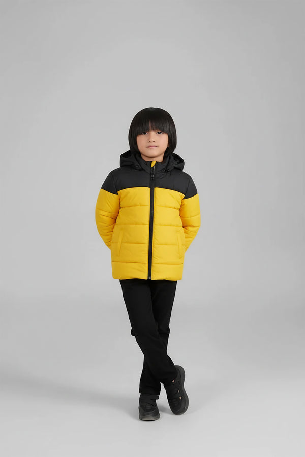 Kids Yellow &amp; Black Puffer Jacket | Color-Block Hooded Winter Coat | Warm &amp; Lightweight Outerwear