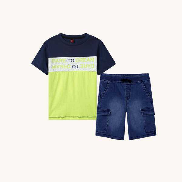 Kids Soft Cotton Pannel T Shirt paired with Dark Blue 6 Pockets Denim shorts