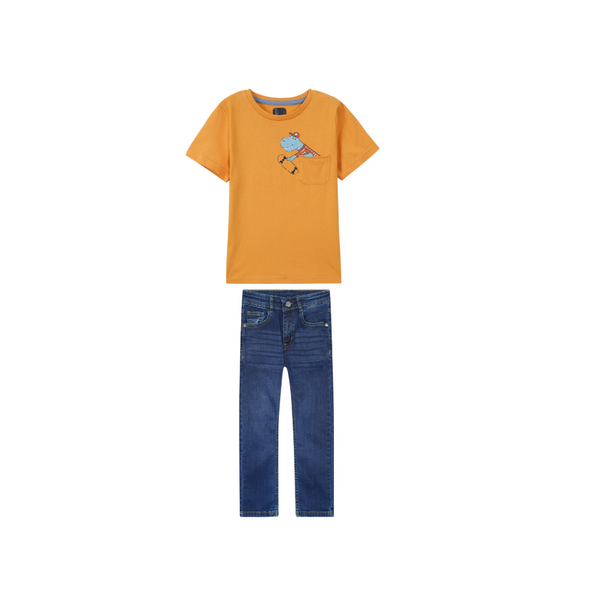 Kids Soft Yellow Dino T Shirt paired with Dark blue slim fit denim Pants
