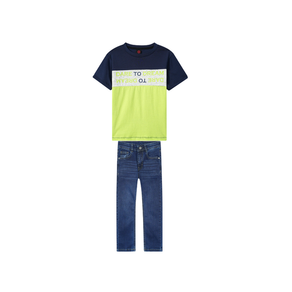 Kids Soft Panel Print T Shirt paired with Dark blue slim fit denim Pants