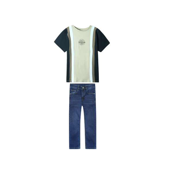 Kids Soft popcorn Cotton T Shirt paired with Dark blue slimfit denim Pants