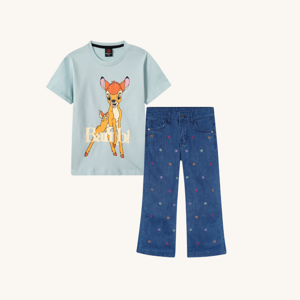 Bumby T Shirt Paired with Embroidered Wide Leg Pants