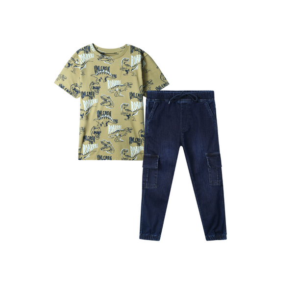 Kids Soft cotton all over dino T Shirt paired with dark blue slim fit denim cargo trouser