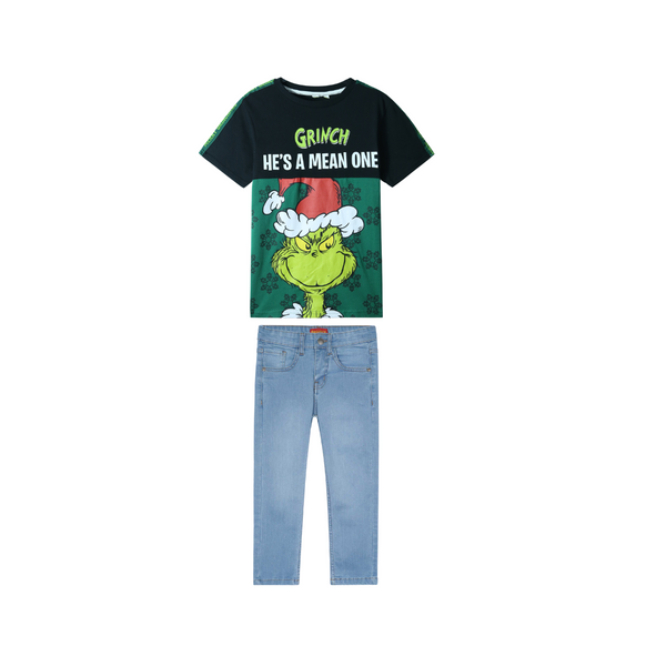 Kids Soft cotton green and black T Shirt paired with light blue slim fit denim Pants