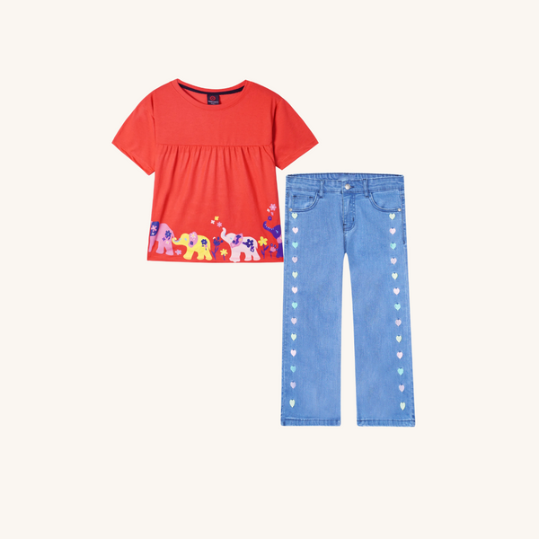 Frock Paired with Heart Embroidered Wide Leg Pants