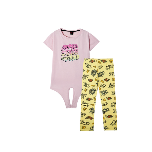 Front Knot T Shirt Paired with Printed Lycra cotton Tight