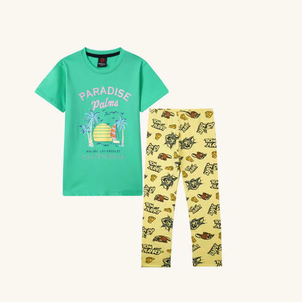 Green T shirt paired with All over printed lycra cotton tight