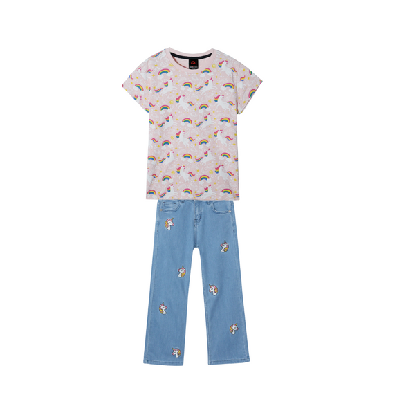 Girls Unicorn all printed T Shirt Paired with Unicorn embroidered pants