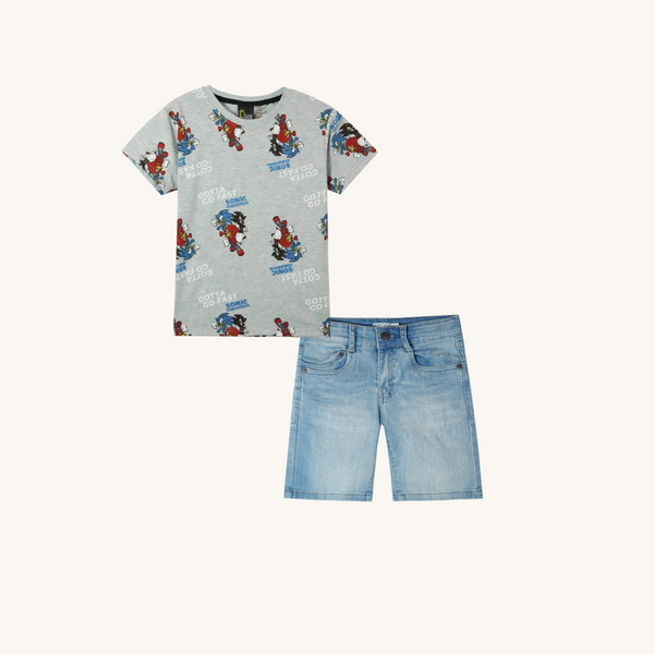 Boys Sonic T Shirt Paired with Ligh Blue Denim Short