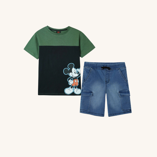 Kids Soft Cotton Mickey T Shirt paired with Medium Blue 6 Pockets Denim shorts