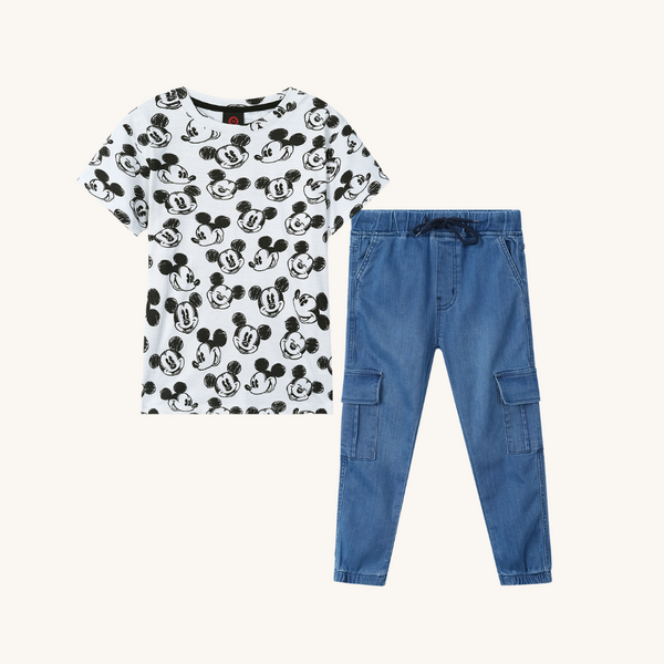 Mickey T Shirt Paired with Medium Blue Denim Cargo Trouser