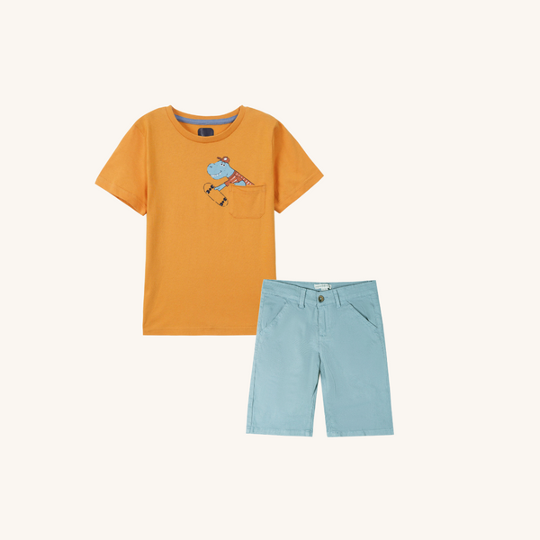 Boys Dino T Shirt Paired with Light Blue Cotton Short