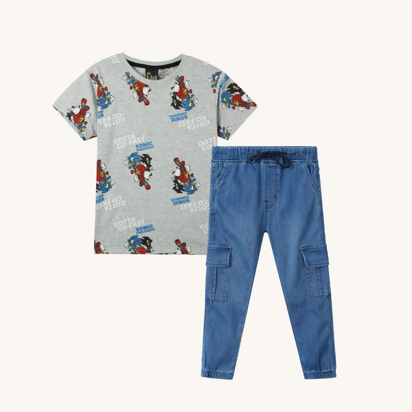 Boys Sonic T Shirt Paired with Medium Blue Denim Cargo Trouser
