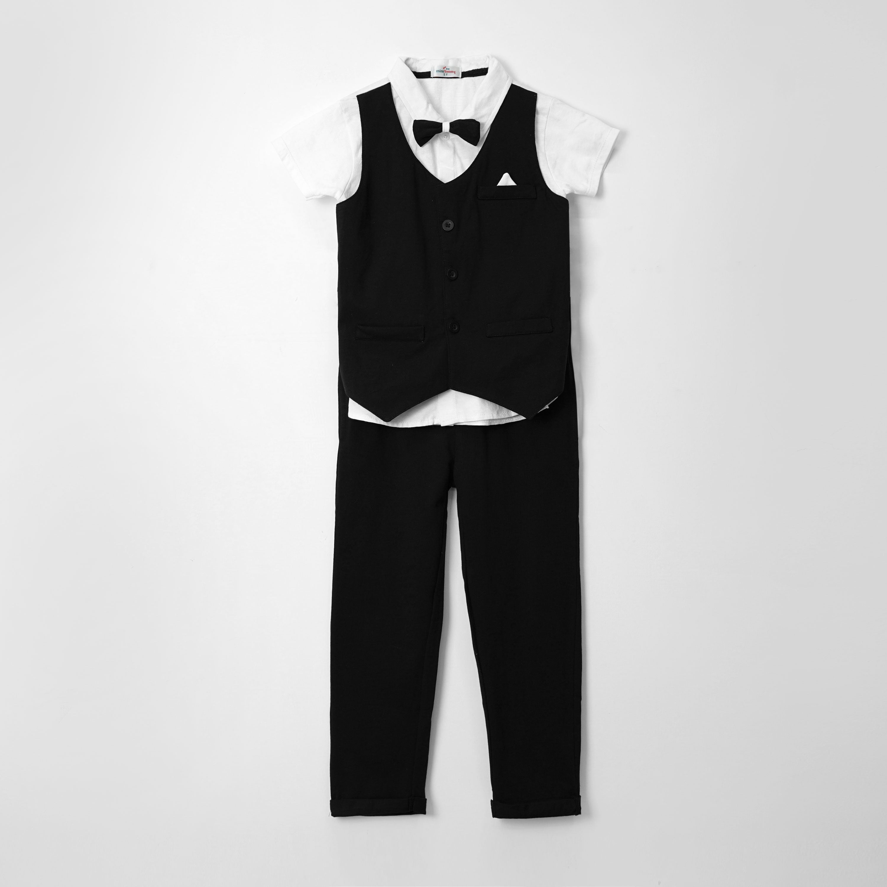 Boy Short Sleeve 2 Piece Black Party Suit With Bow Tie