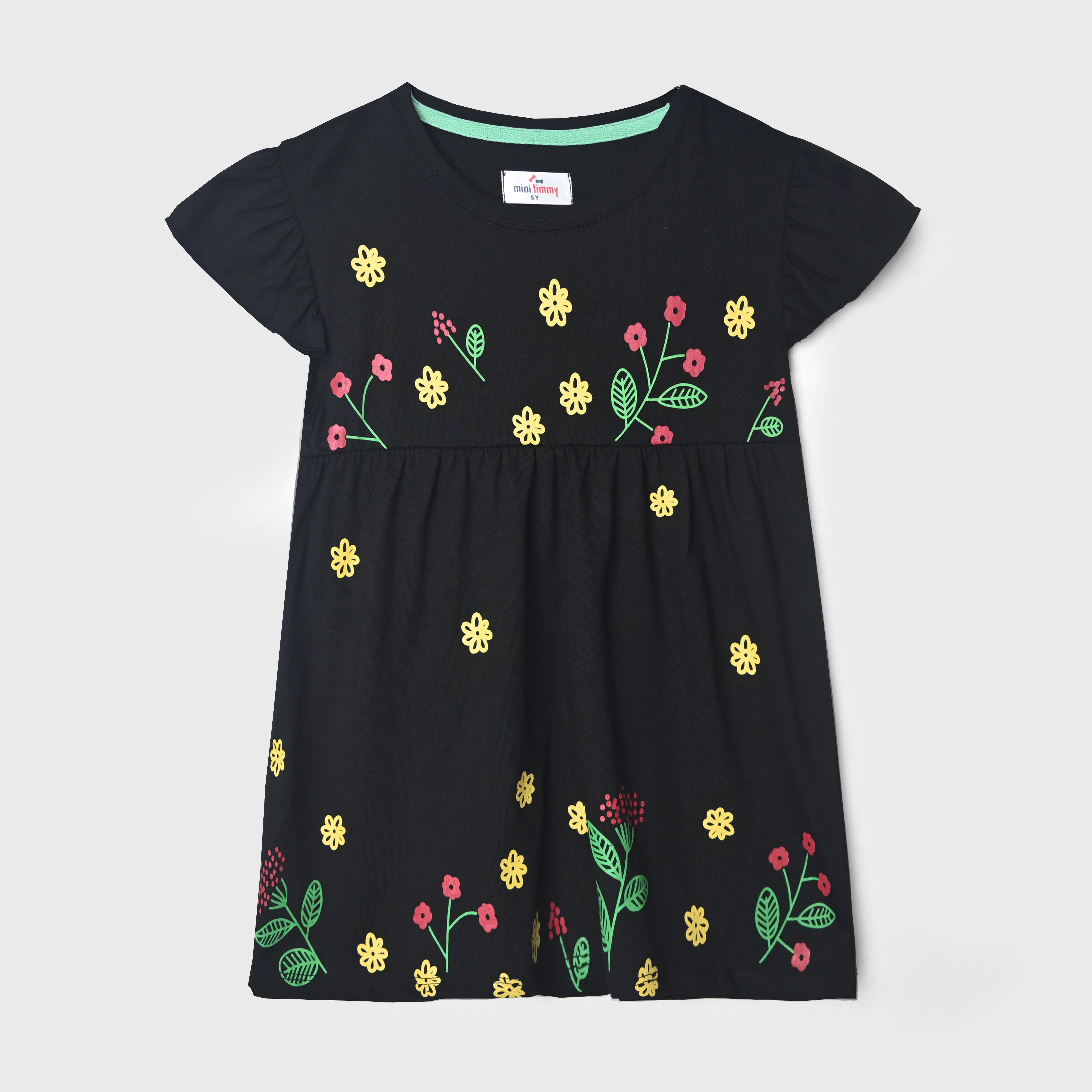 Girls Printed Black Soft Cotton Frill Frock