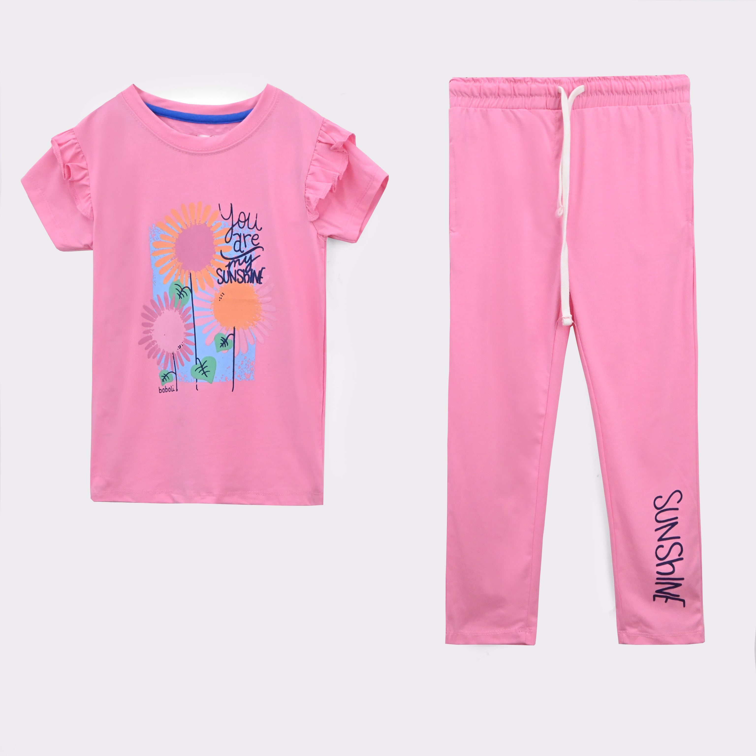 Girls Pink Graphic Soft Cotton Frill Suit