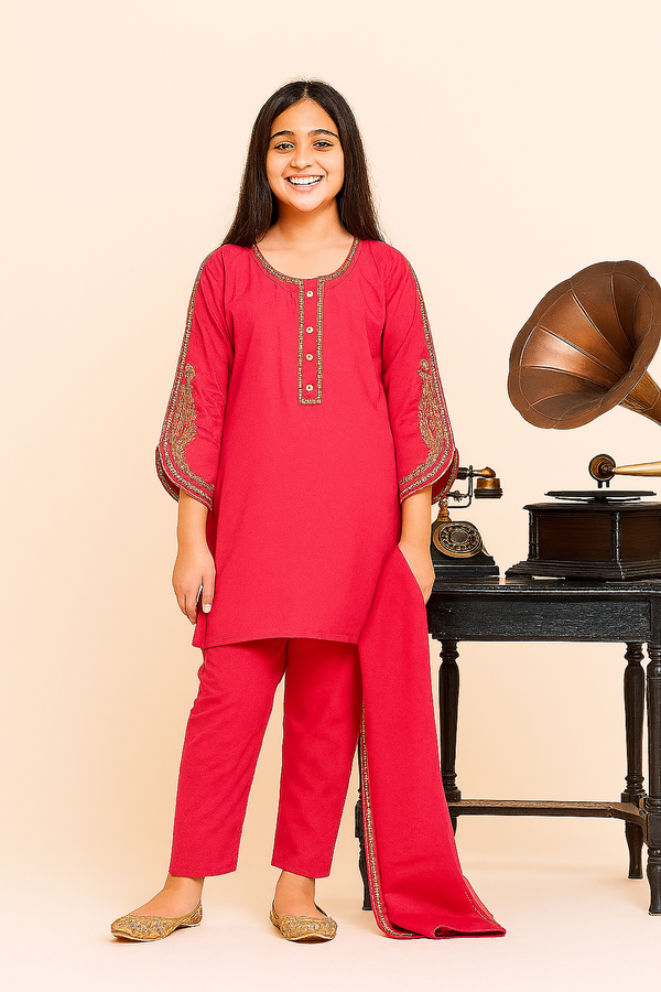 Shocking Pink Cotton 3 Pcs Suit Multihead Embroidery with Net Dopata