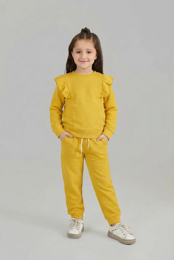 Mustard Quilted Ruffle Suit for Girls | Winter 2-Piece Set
