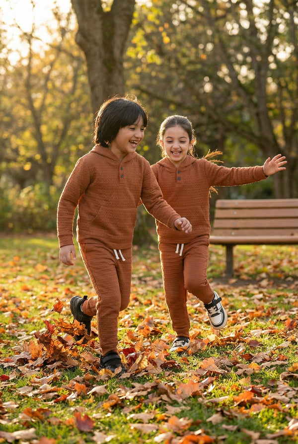 Kids Quilted Brown Tracksuit | 2-Piece Hoodie & trouser Set | Winter Cotton Outfit