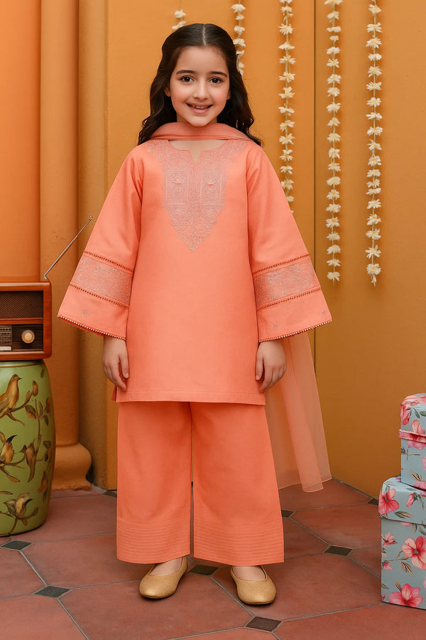 Girls Eastern Wear 3-Piece Suit – Embroidered Self Print Cotton