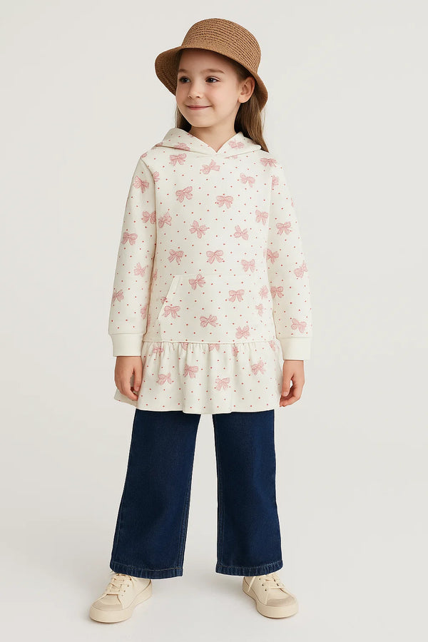 Kids Bows and Mini-Heart Print Frill Hemline Hoodie - 100% Cotton Terry