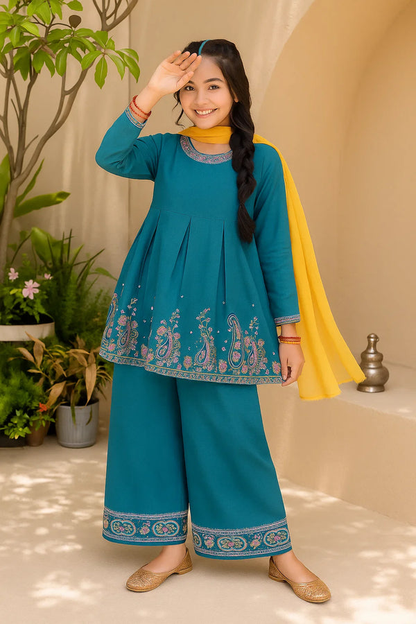 Girls Teal Blue Embroidered 3-Piece Suit – 100% Cotton Winter Wear