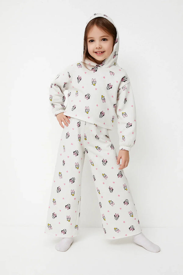 Minnie & Daisy Printed Fleece Tracksuit | Girls Short Body Hoodie & Wide Leg Trouser