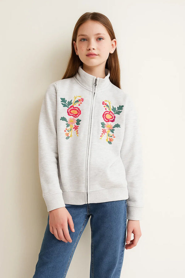 Light Grey Embroidered Zip-Up Sweatshirt | Girls Winter Fleece Jacket